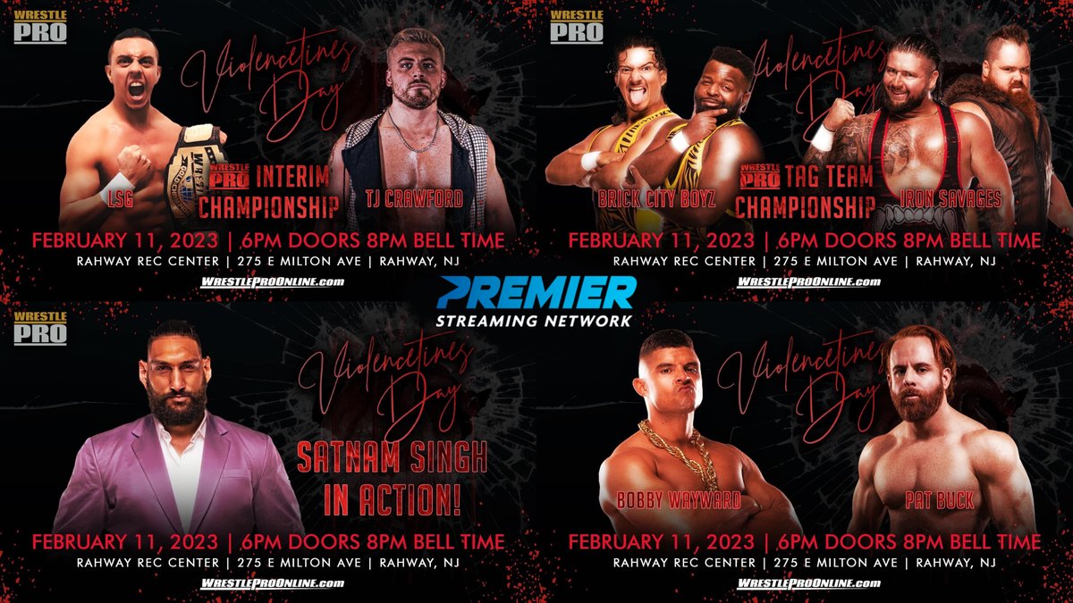 WrestlePro's tweet image. 💔FEB. 11TH is VIOLENCETINE'S DAY💔

If you can't be with us in Rahway, we will be LIVE on @PremierSN. You can also watch full shows there NOW. 

➡️ Sign up today: premierstreamingnetwork.com

🎟 WrestlePro.Eventbrite.com