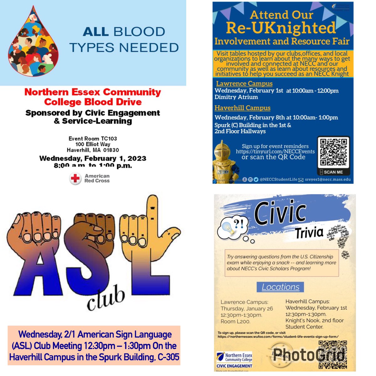 Our last day of WOW is tomorrow, 2/1! We have a variety of opportunities that you should not pass up! Donate blood, check out all the tables and grab free lunch at the Re-UKnighted attend the ASL club, and you can even test your knowledge at Civic Trivia. #NECCWOW