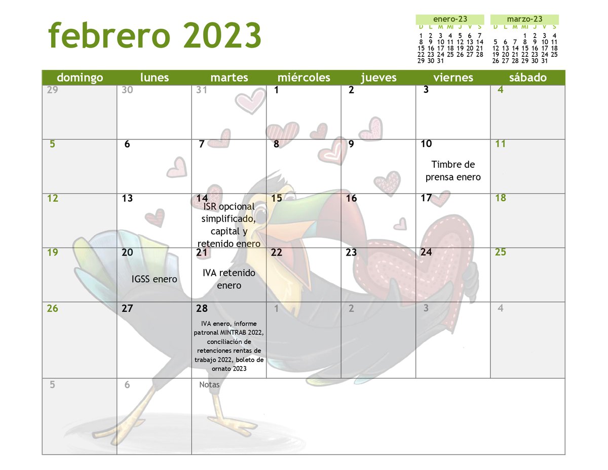 Iniciamos el mes donde faltan días y hay excedente de reportes para entregar 😫

Para que puedan organizarse mejor, compartimos el calendario con las principales fechas de cumplimiento ante SAT, IPSP, MINTRAB y Municipalidad.