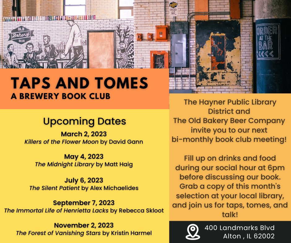The Hayner Public Library District (@haynerlibrary) on Twitter photo We're excited to announce the dates and titles for the Taps and Tomes Book Club with <a href="/OldBakeryBeer/">Old Bakery Beer</a> for the rest of the year! Mark your calendars now! We're excited to announce the dates and titles for the Taps and Tomes Book Club with <a href="/OldBakeryBeer/">Old Bakery Beer</a> for the rest of the year! Mark your calendars now!