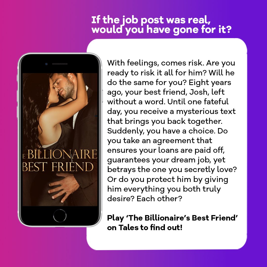 Gotcha! Tempting isn’t it? But would you actually go for the job opening if it were real? 🤔

Play ‘The Billionaire’s Best Friend’ here: link.talescreator.com/gNX7IcWPxqb

#TalesFiction #InteractiveFiction #writersoftwitter #writers
