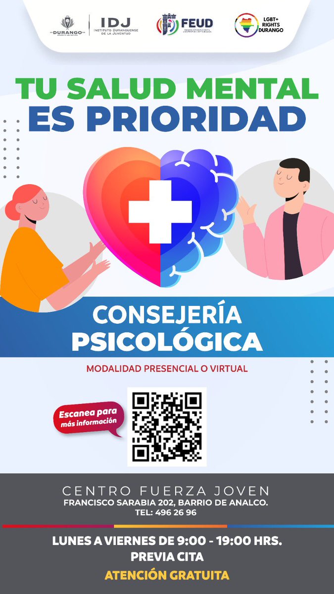 alanspinosa's tweet photo. A toda la comunidad LGBTTTIQ+ 🏳️‍🌈 
➡️ el @IDJuventud cuenta con consejería psicológica gratuita. 

Desde LGBT+ Rights Dgo te apoyamos y te acompañamos para tener esa atención, no estás sola, solo. https://t.co/UxKjmDfeSp