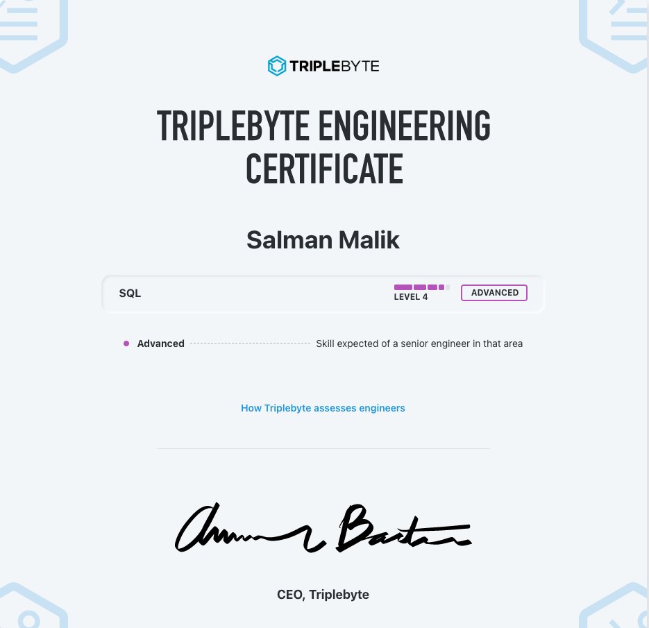 immaliksalman's tweet image. I'm I'm a Triplebyte certified engineer in Advanced level SQL 😊
#sql #sqldatabase #engineer #dbms #databasemanagement #dataanalytics #datascience #codinglife