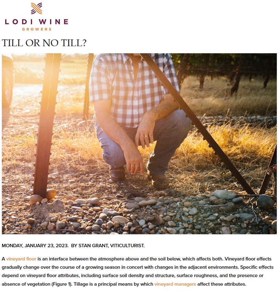 Viticulturist Stan Grant explains tilling and not tilling. Tillage is a 'root zone resource management activity,' while non-tillage is mainly environmental. The complex choice is best informed by primary management challenges and goals. #graperesearch bit.ly/40hw99N