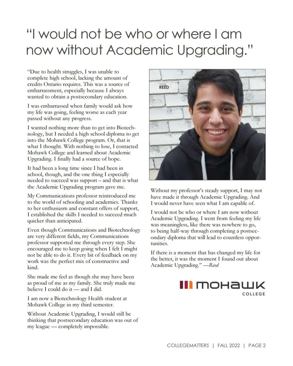 Feeling inspired reading this cover story written by Academic Upgrading graduate, Reed! Check out Reed's story and others in the latest edition of CollegeMatters: cscau.com

#AcademicUpgrading #MohawkAU #MohawkCollege #CSCAU
