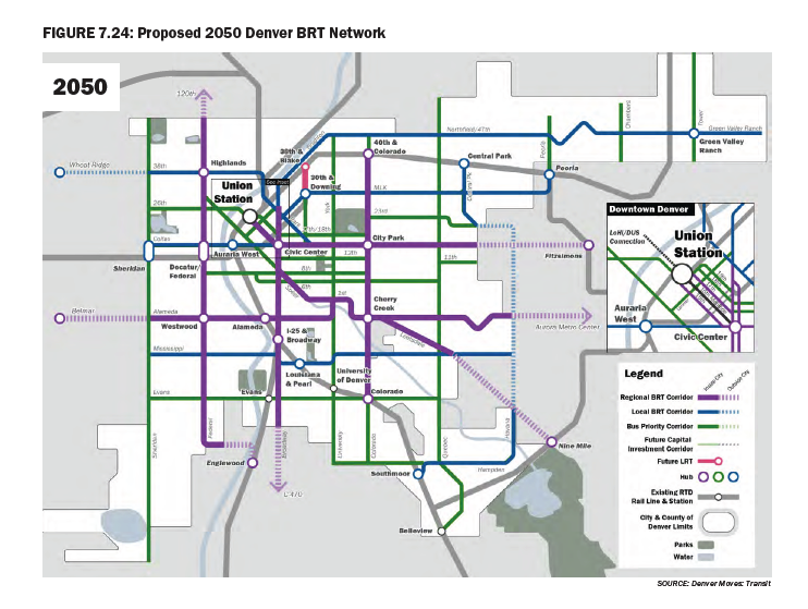 This may be the best map in <a href="/DenverDOTI/">Denver Dept of Transportation & Infrastructure</a>'s draft Denver Moves Every One plan.  Just needs some more blue and/or purple. This is how we start actually reducing our car dependency, and making progress toward all our goals around sustainability, equity, prosperity, etc.