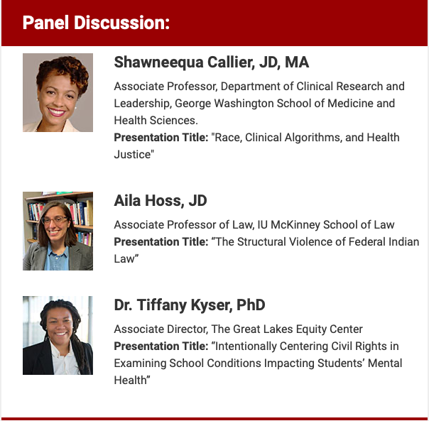 Join our colleagues at @IUMcKinney for a lecture and panel discussion on "Structural Racism in Law and Medicine" Feb 24th.  Register: mckinneylaw.iu.edu/registrations/…