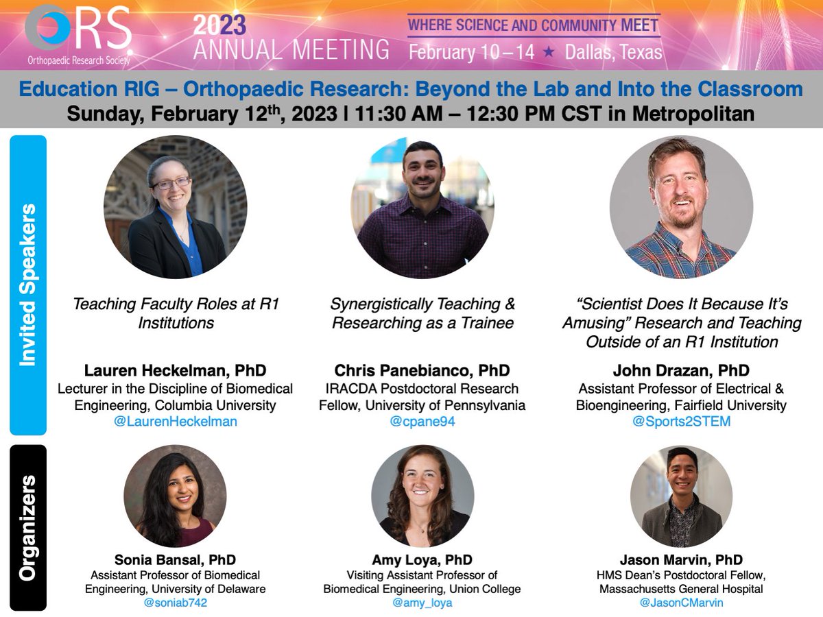 Hey, #ORS2023 attendees!

Join us for the inaugural <a href="/ORSsociety/">Orthopaedic Research Society</a> Education RIG entitled Orthopaedic Research: Beyond the Lab &amp; Into the Classroom 🦴🧑‍🏫

Sunday, Feb. 12 from 11:30 AM - 12:30 PM CST. Come learn about all things pedagogy, outreach, and professional development! 🙌