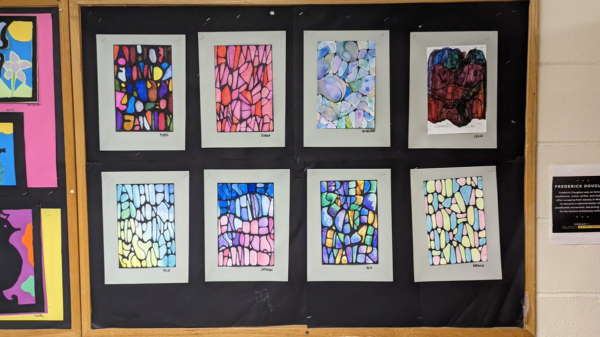 New 7th and 8th grade artwork in the RA hallway selected by famed art critics Walker and Florence Zwillinger, aged 7 and 5 respectively.