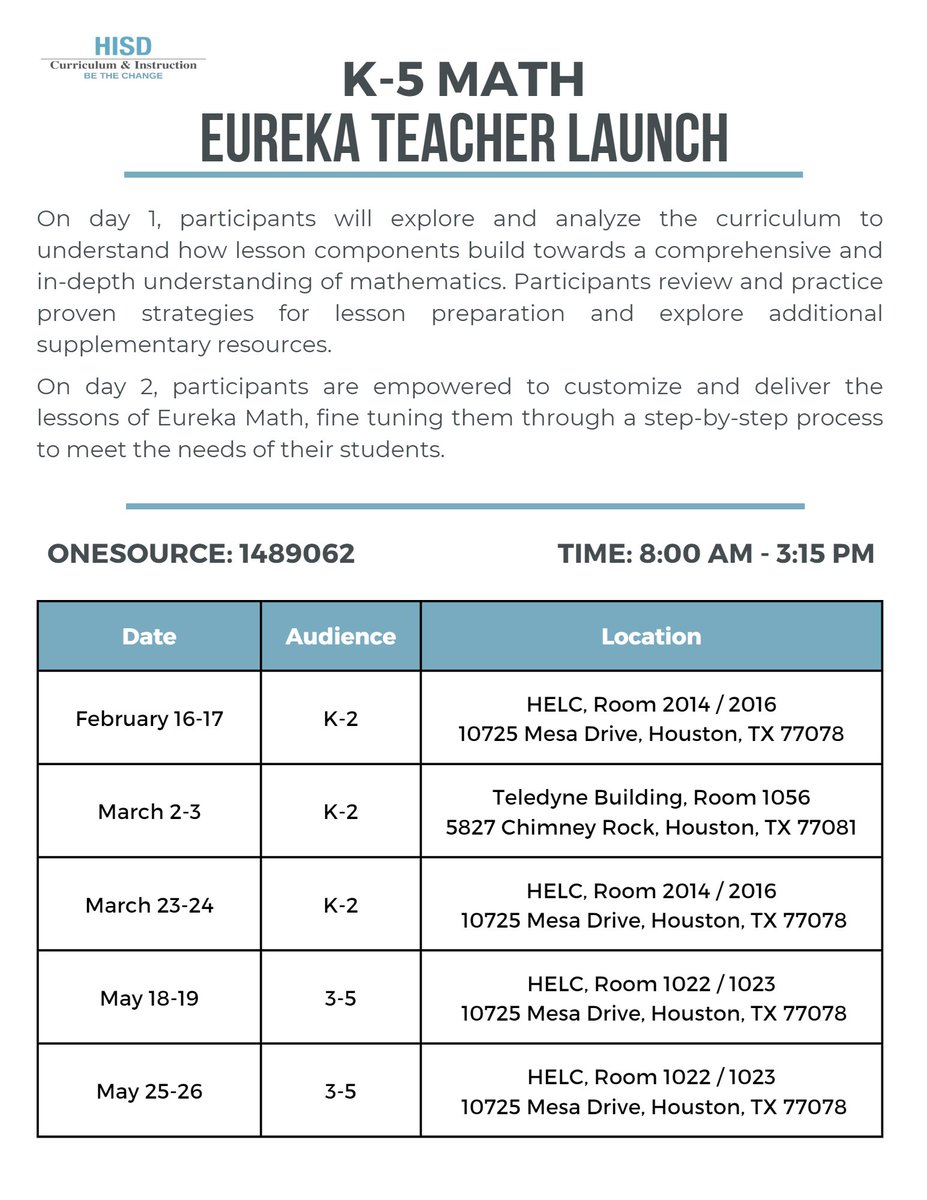 TracyFox (@tfox015) on Twitter photo ATTN:
<a href="/HISD_ElemMath/">Houston ISD Elementary Math</a> Non-Pilot Campus K-2 Math Teachers! Register today for our upcoming K-5 Math Eureka Teacher Launch Sessions. First session is February 16-17, 2023.
<a href="/nperez10/">Nalsy Perez</a> <a href="/Keniholley/">Keni Holley</a>
<a href="/amakhlo1/">Ali Makhlouf</a> <a href="/HISD_ElemMath/">Houston ISD Elementary Math</a> ATTN:
<a href="/HISD_ElemMath/">Houston ISD Elementary Math</a> Non-Pilot Campus K-2 Math Teachers! Register today for our upcoming K-5 Math Eureka Teacher Launch Sessions. First session is February 16-17, 2023.
<a href="/nperez10/">Nalsy Perez</a> <a href="/Keniholley/">Keni Holley</a>
<a href="/amakhlo1/">Ali Makhlouf</a> <a href="/HISD_ElemMath/">Houston ISD Elementary Math</a>