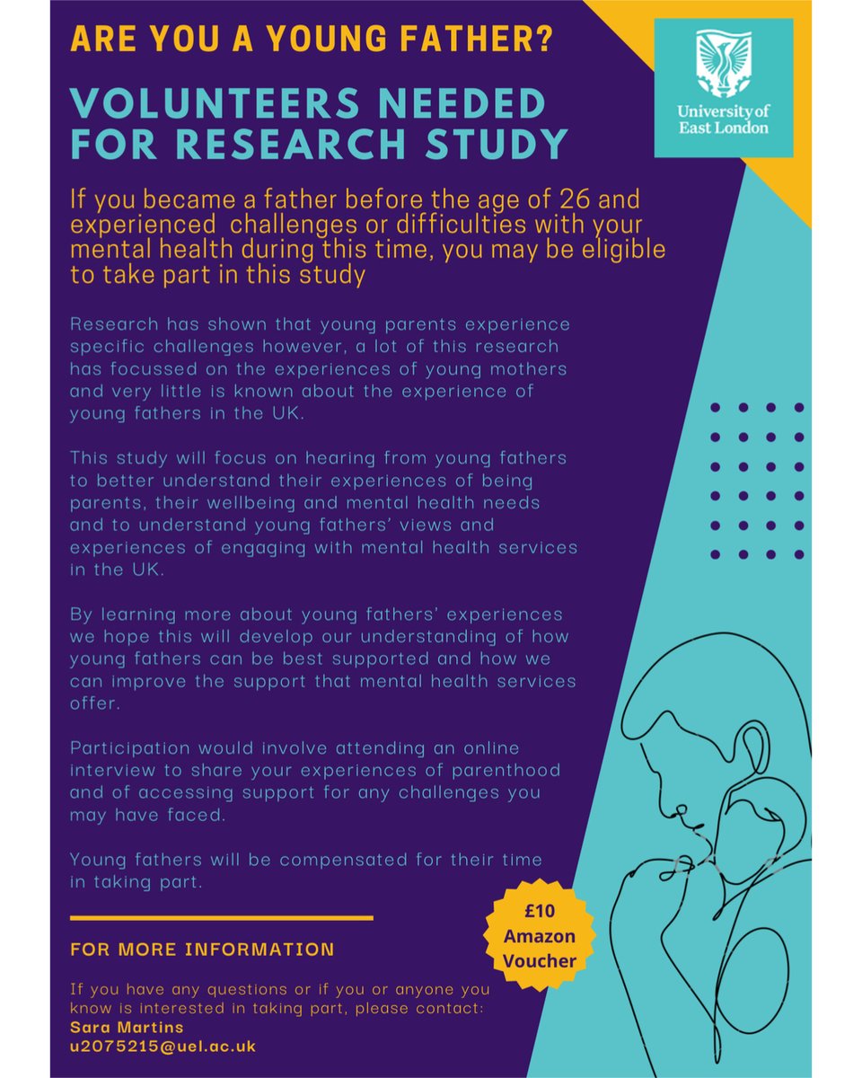 dadmattersuk's tweet photo. Calling all Young Dads: Did you become a Dad before the age of 26? 
Young parents experience specific challenges however, research and services do not often focus on understanding the experiences of young fathers and supporting them with the unique challenges they face. 
For my r https://t.co/1tlAMYw2Ye