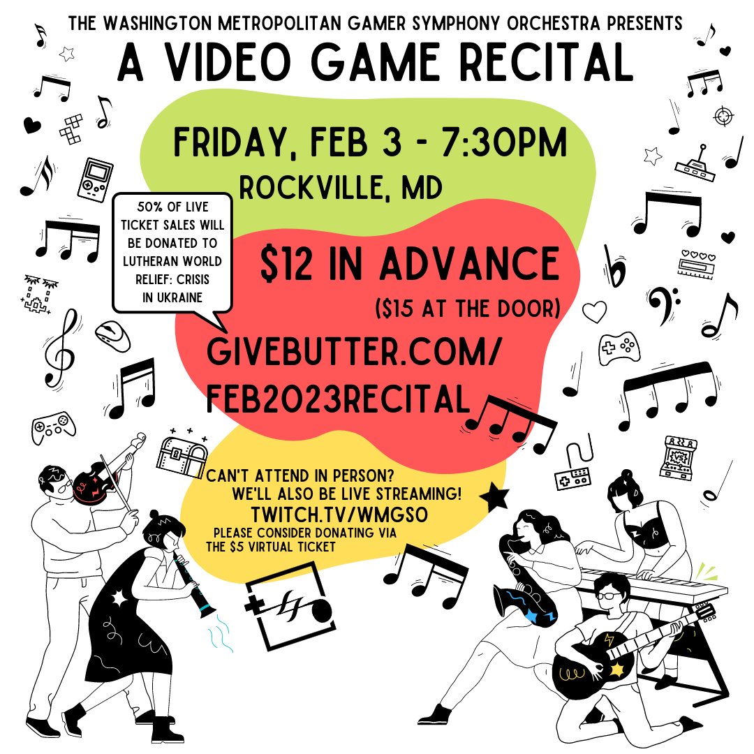 Start your weekend right with WMGSO! This Friday we're performing a recital in Rockville, MD. Can't join in person? We'll also be livestreaming on Twitch! Use the link in our bio for tickets 🎵

#marylandmusic #rockvillemd #rockvillemaryland #localmusicscene #ilovevideogames