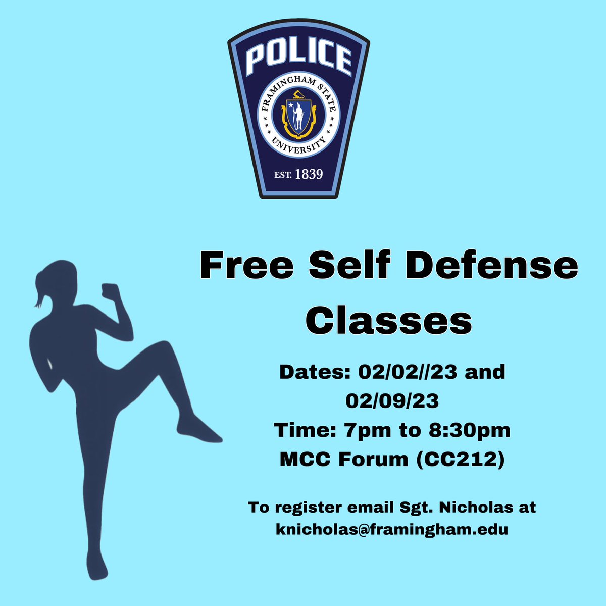FSUPD is once again hosting 2 self-defense classes.  The classes are FREE of charge and are right here on campus!  You only need to take one class.  Wear comfortable clothing and bring a water bottle.  The classes are limited to 25 persons. 

See more info on the flyer below