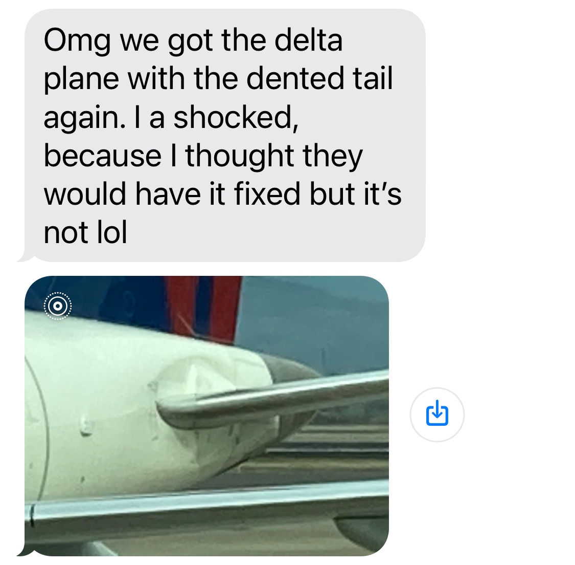 GutsySpirit's tweet photo. @Delta 
It’s concerning when someone recognizes your dented plane they’ve been on before 🫢

Embraer 175 LWTJ, flight DL3524. 😒 https://t.co/8cDauRwKji