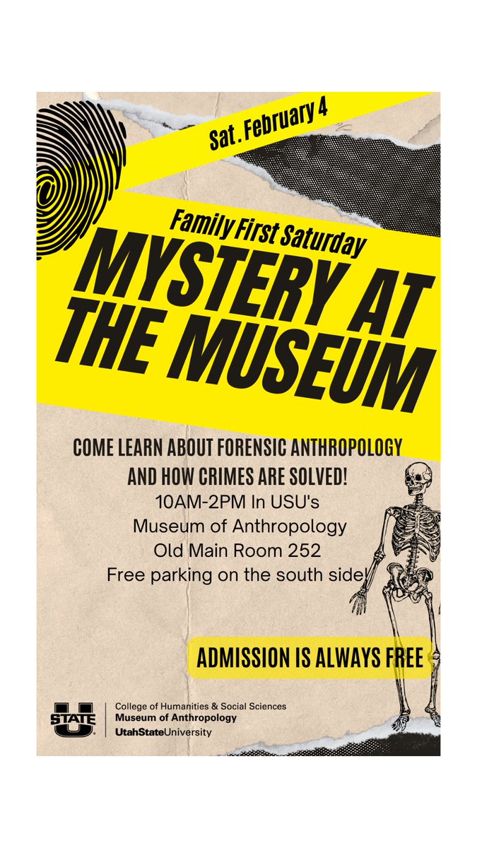 Join us this Saturday for a free family activity at the Museum of Anthropology!

Come learn about forensic anthropology with interactive activities made for all ages! 

There will be free parking on the South side of Old Main.