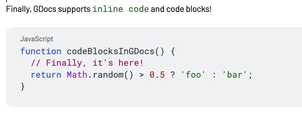 Wishes do come true! Code blocks in GDocs using single/triple ticks with syntax (```js<enter>)