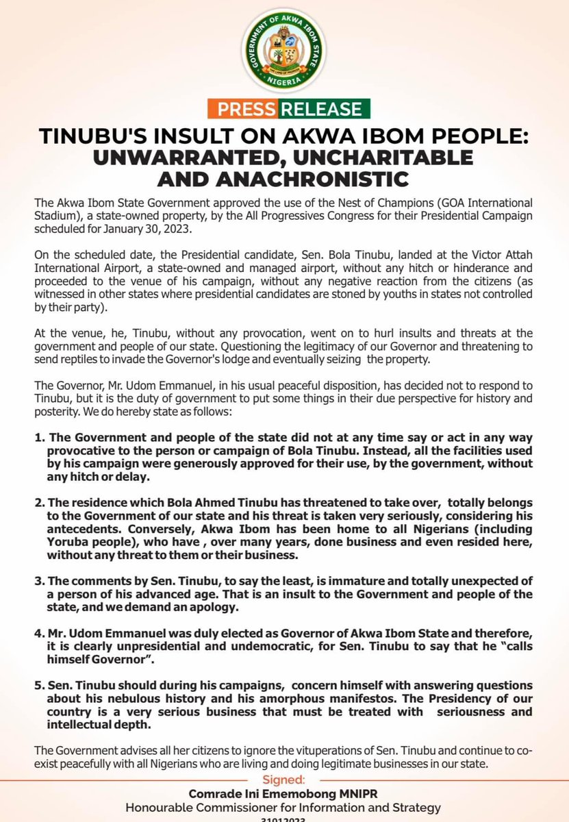 TINUBU'S INSULT ON AKWA IBOM PEOPLE: UNWARRANTED, UNCHARITABLE AND ANACHRONISTIC