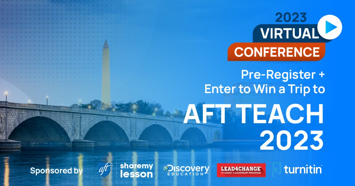 Get ready for a year of great PD! When you pre-register for <a href="/sharemylesson/">ShareMyLesson</a>'s Virtual Conference this spring, you'll automatically be entered for a chance to win 1 of 3 trips to @aftunion's #TEACH23 conference in Washington, DC this summer! 
Learn more: sharemylesson.com/vc2023