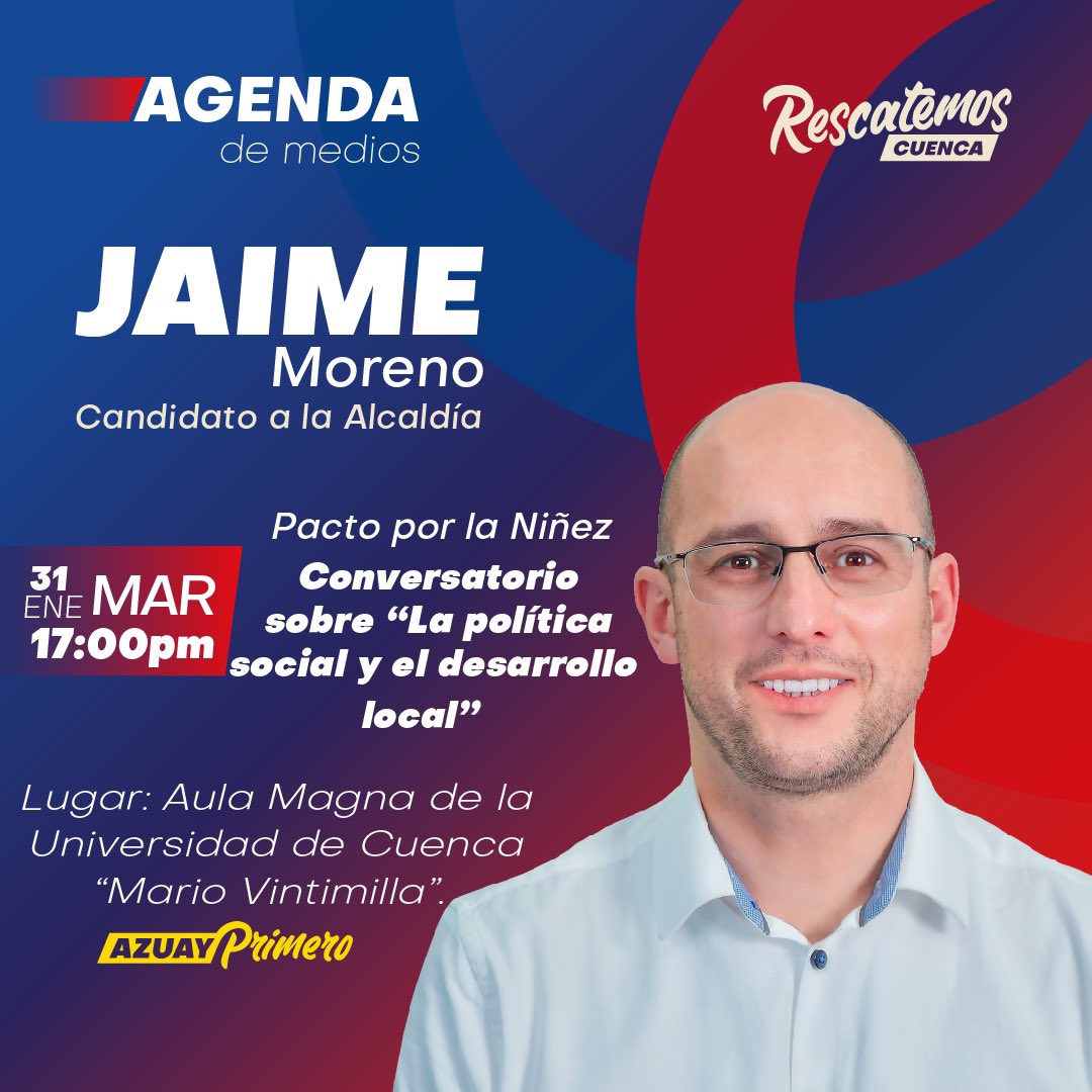 #Conversatorio

Les espero esta tarde al Conversatorio sobre "La política social y el desarrollo local", en la <a href="/udecuenca/">UCuenca</a> .

#RescatemosCuenca #jaimemorenoalcalde #alcaldedeverdad #JaimeMoreno 

Vota todo 82-62 🔴🔵