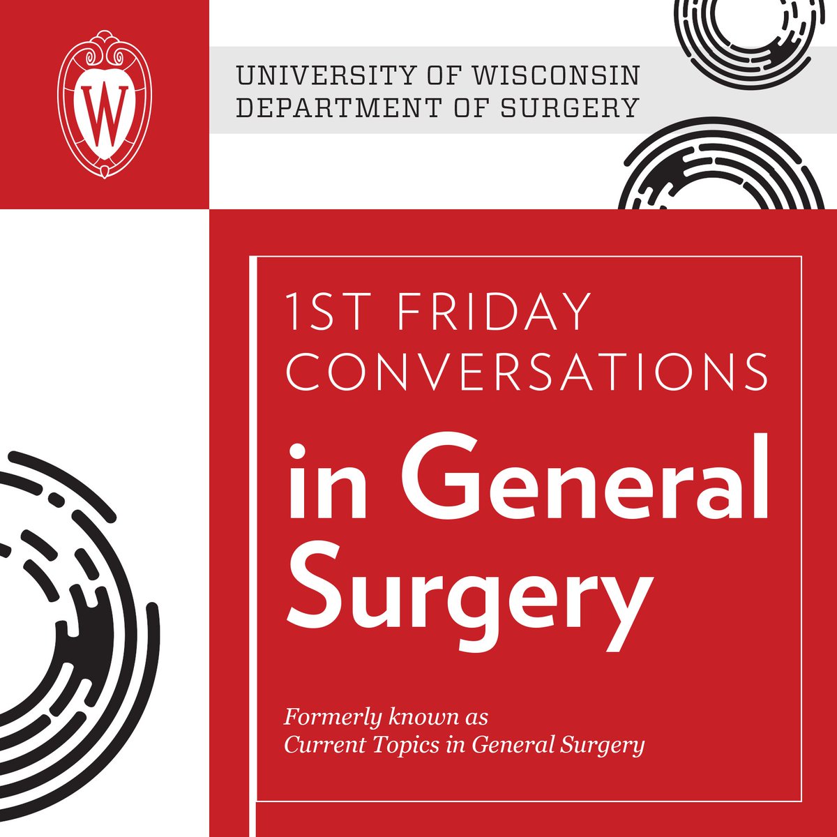 Tomorrow is the February edition of 1st Friday Conversations in General Surgery! We'll see you online at 4 p.m. CST with Drs. Stelle, Lautner, and Bozzuto. 

surgery.wisc.edu/education-trai…