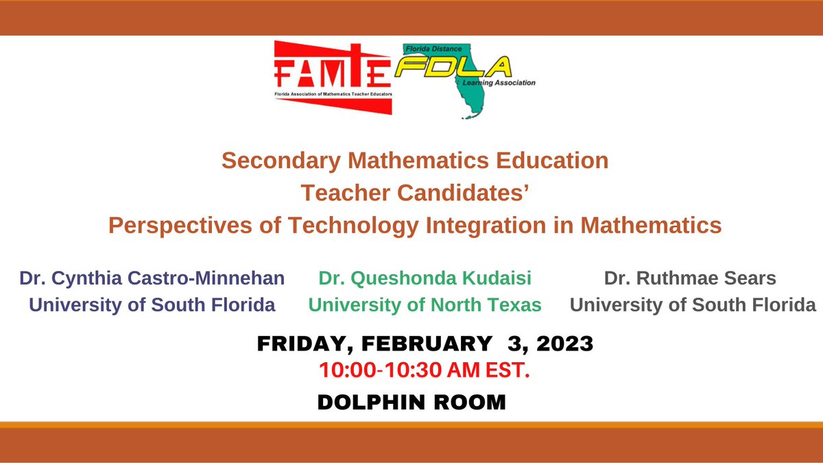 I am excited to present at the annual virtual conference of the Florida Association of Math Teacher Educators &amp; the Florida Distance Learning Association about technology integration in math teacher preparation.
<a href="/MathEduMatters/">Math Education Matters</a> <a href="/UNTsocial/">University of North Texas</a> <a href="/UNT_COE/">UNT College of Education</a> <a href="/UNT_TEA/">UNT's Dept of Teacher Ed & Ed Leadership</a> <a href="/UNT_BFN/">UNTBFN</a> <a href="/UNTFacSuccess/">UNT Faculty Success</a>