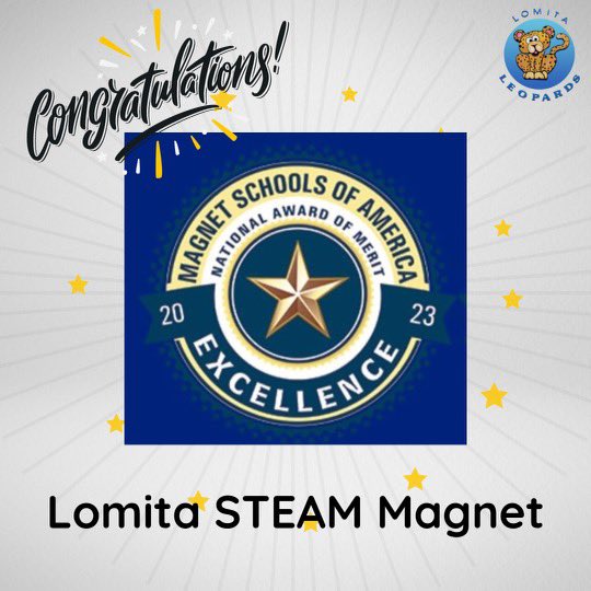 Lomita STEAM Magnet was nationally recognized by Magnet Schools of America and we have been awarded the 2023 MSA School of Excellence Award. Way to go Lomita Leopards! #lomitamagnetrocks #ldsouth #lausdbd7 #wearelausd #IBelieveInLAUSD #wearelaunified #lausd_ldsouth