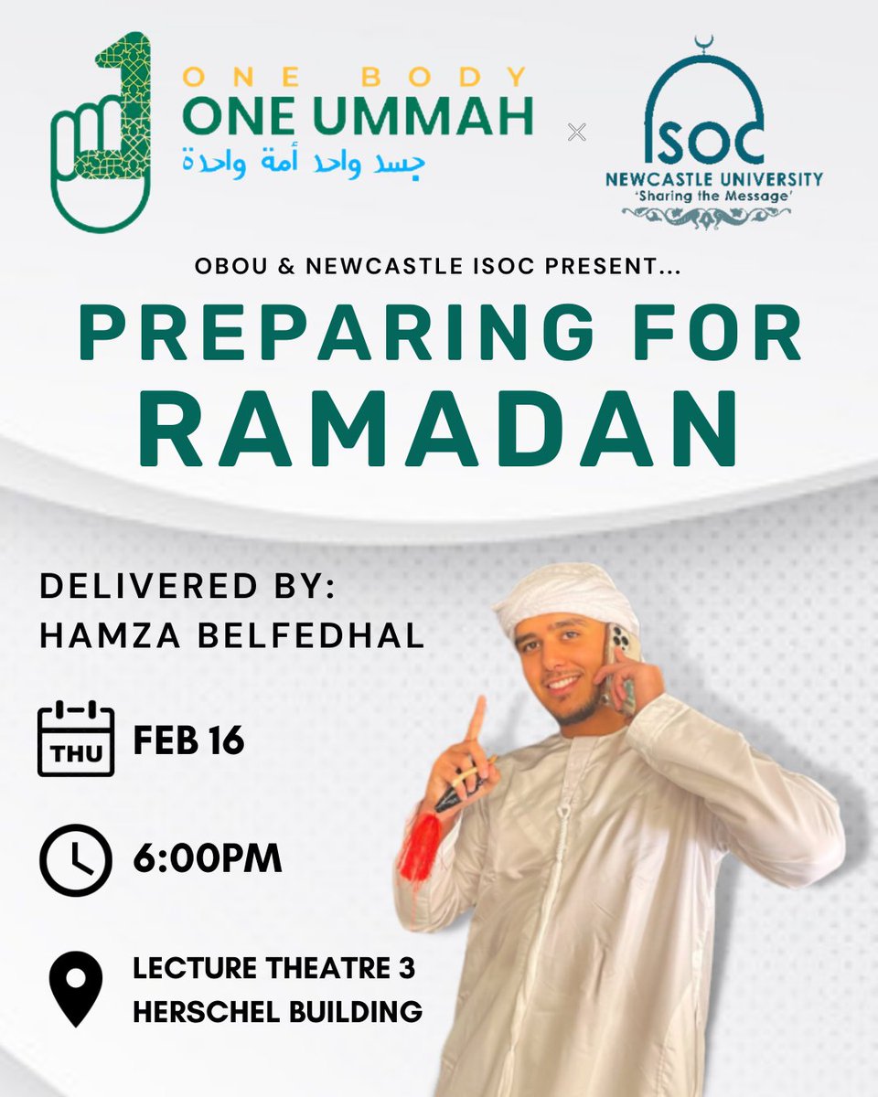 nclisoc's tweet photo. As we have entered the sacred month of Rajab, the time to prepare for Ramadan has arrived. In aid of this we will be holding a talk titled 'Preparing for Ramadan' by Brother Hamza Belfedhal from @OBOU123. 

Food and drink will be available just after you enter. See you there! https://t.co/pseYQEBwsM