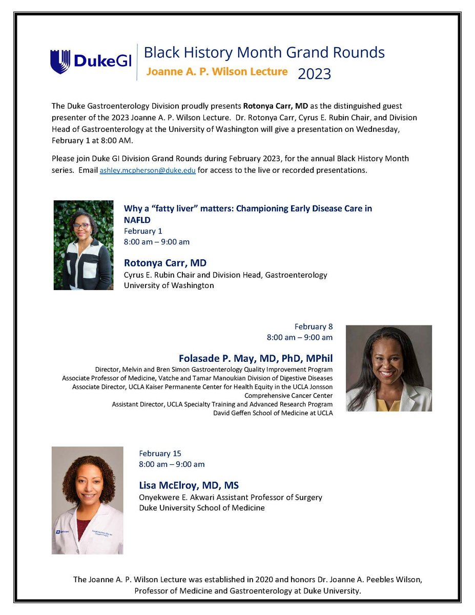Honored to announce @RotonyaC as tomorrow's distinguished guest presenter of the 2023 Joanne A.P. Wilson Lecture Join @Duke_GI_ during the month of February for our annual #BlackHistoryMonth #GIGrandRounds series. @AmitPatelDukeMD @MatthewKappus @AMuir_DukeGI @amcpherson1204