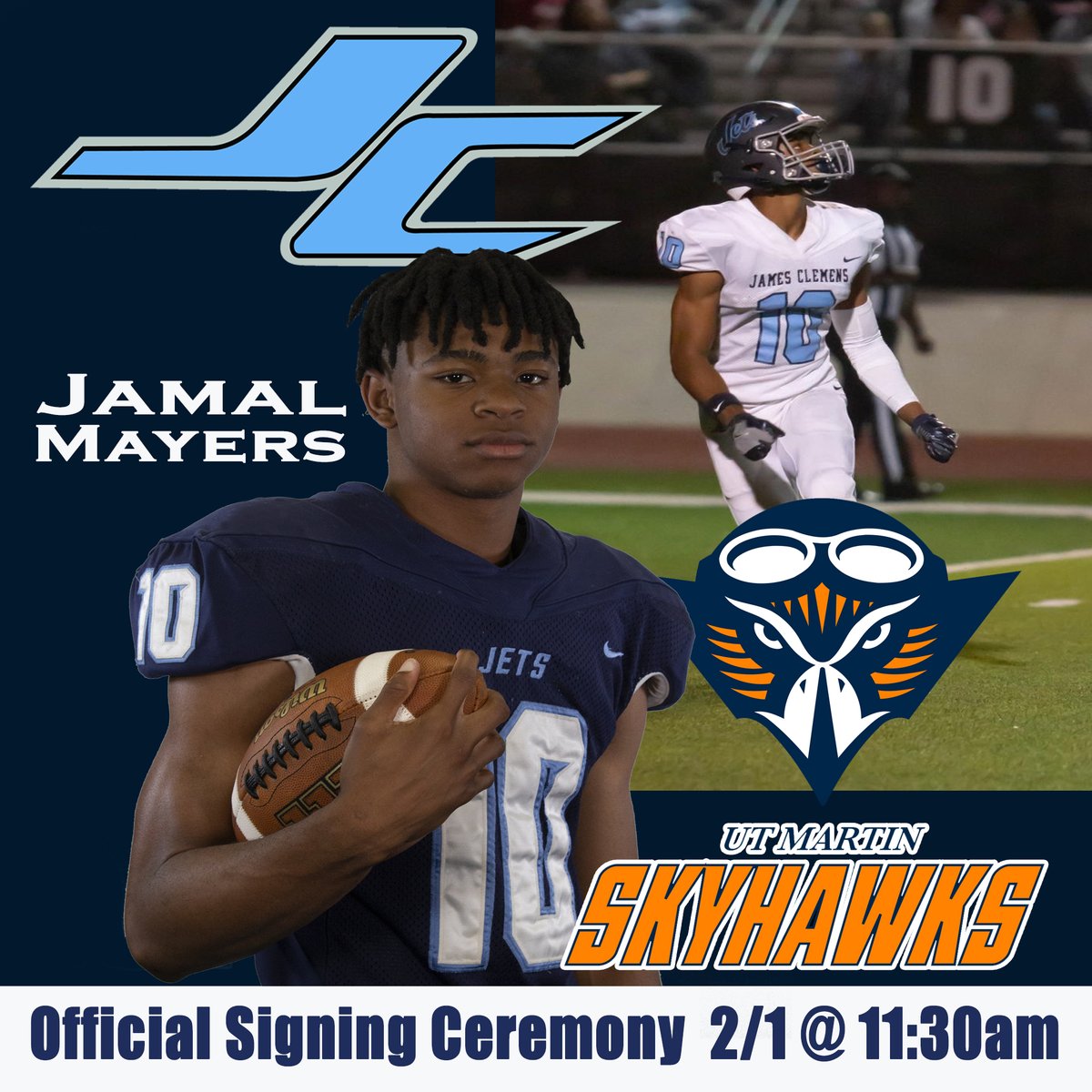 JCFB_Recruiting's tweet image. Join @CoachMcgehee and @JCJetsFootball  tomorrow at James Clemens High School at 11:30am for @Jamal1Mayers official signing ceremony with @UTM_FOOTBALL #NextLevelJet