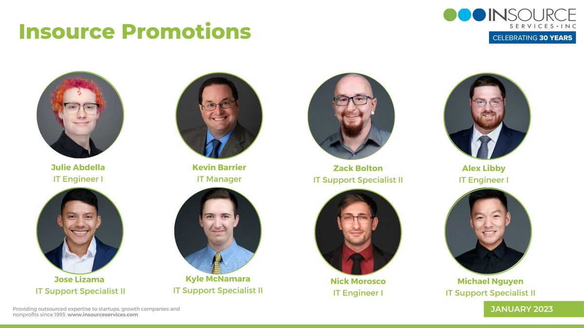 InsourceSvcs's tweet image. Congratulations to our Insource team members on their recent January promotions! #technology #itmanager #itengineer #itsupportspecialist #promotions #kudos #waytogo