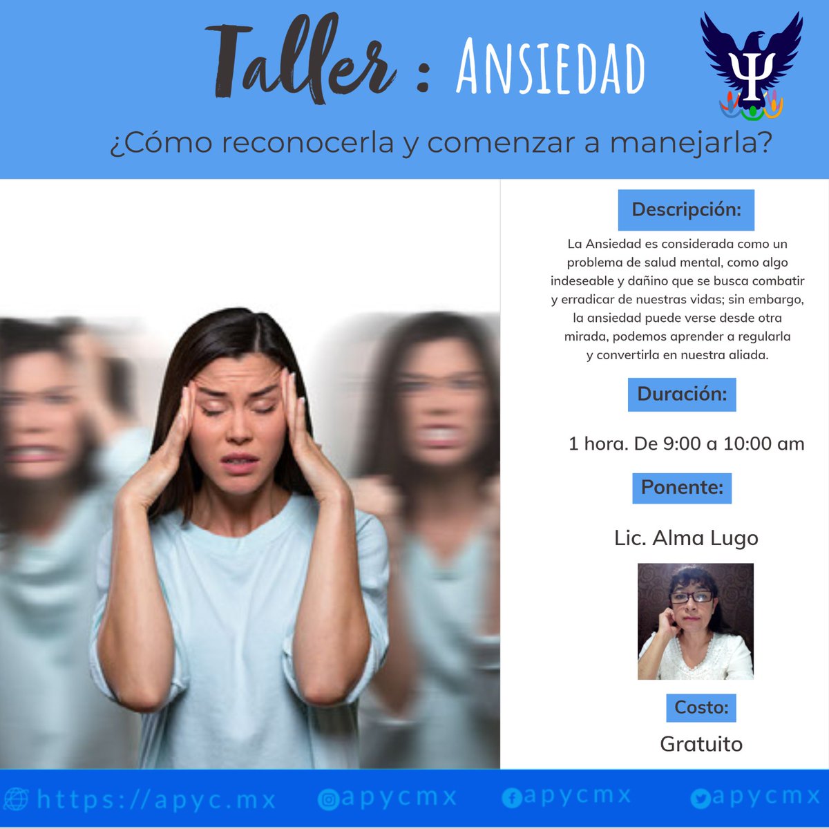 apycmx's tweet photo. 🚨INCRIPCIONES ABIERTAS🚨  Taller grupal para gestión de la ansiedad este sábado 4 de febrero, y al finalizar un pequeño espacio de orientación individualizada con uno de nuestros psicólogos. ¡TOTALMENTE GRATIS!

LINK: https://t.co/kO94gSaqoo https://t.co/SkOJTdtZyx