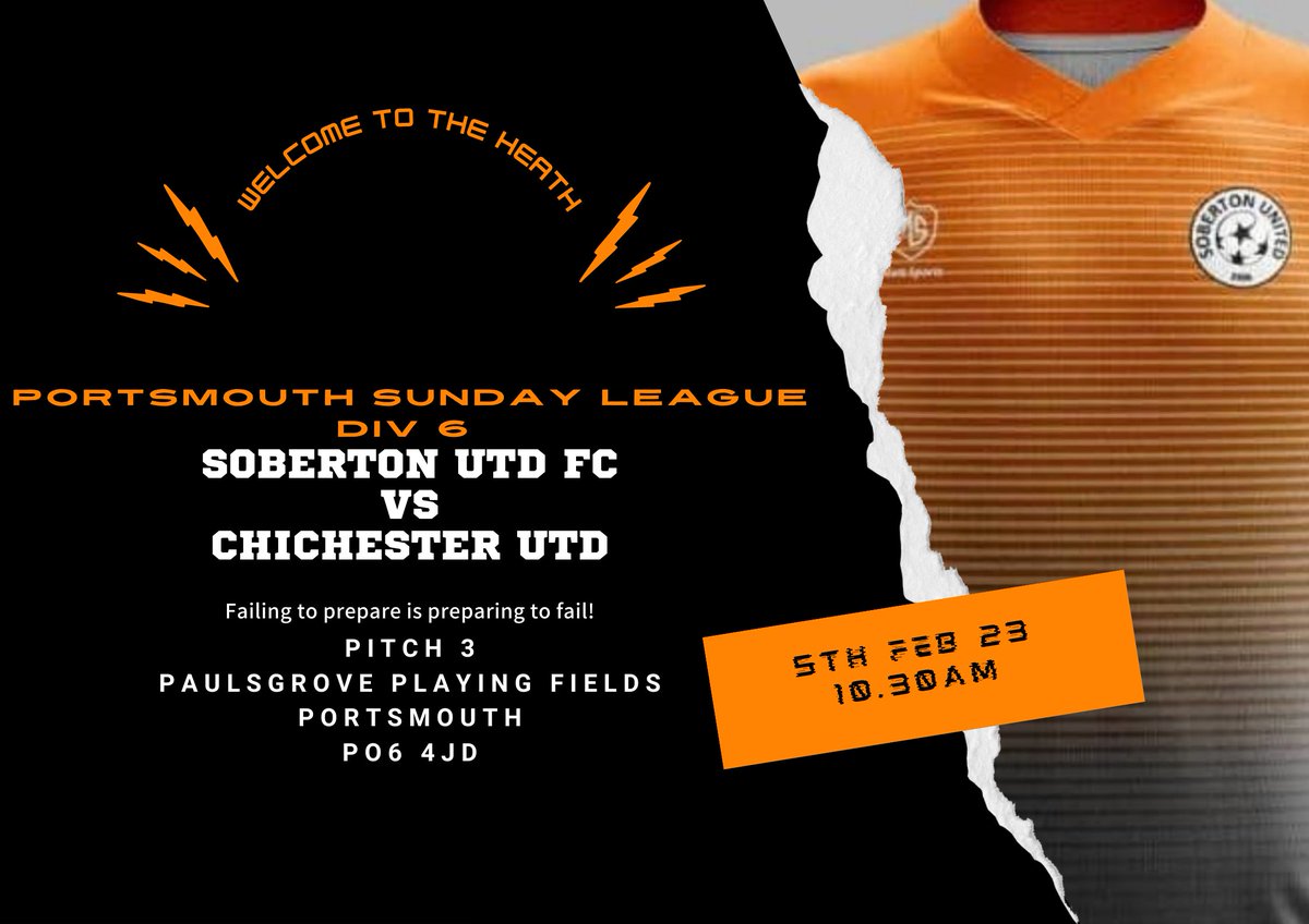 Soberton Utd fc (@sobertonutdfc) on Twitter photo This Sunday, we take on 2nd in the table Chichester Utd, and after beating top of the league last week, we need to get another 3 points if we have any ambition to win the league. This one will be tough for sure, but we're going for the win!
<a href="/Pompey_Football/">Portsmouth Football</a> <a href="/the_portsmouth/">The City Of Portsmouth sunday League</a> This Sunday, we take on 2nd in the table Chichester Utd, and after beating top of the league last week, we need to get another 3 points if we have any ambition to win the league. This one will be tough for sure, but we're going for the win!
<a href="/Pompey_Football/">Portsmouth Football</a> <a href="/the_portsmouth/">The City Of Portsmouth sunday League</a>