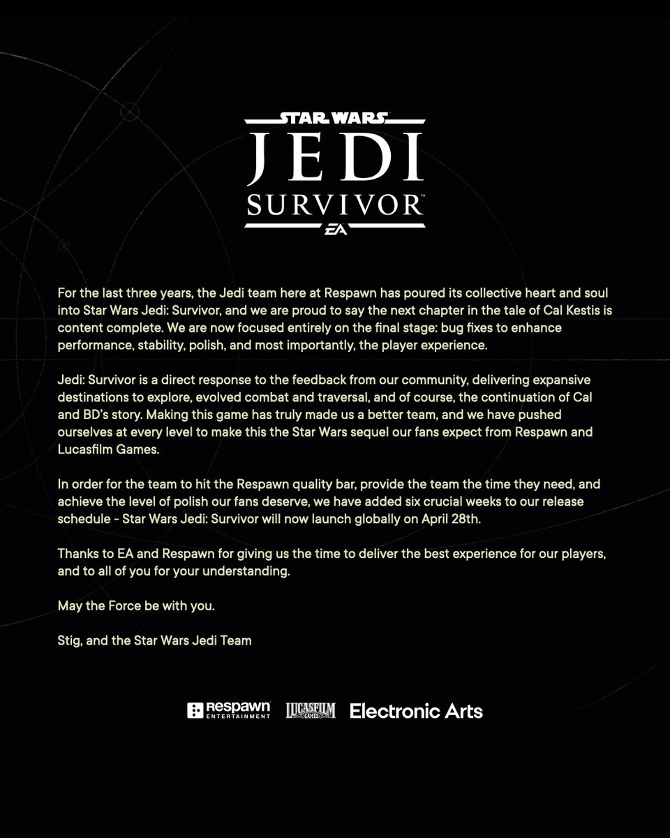 🚨#StarWarsJediSurvivor est maintenant repoussé au 28 Avril !