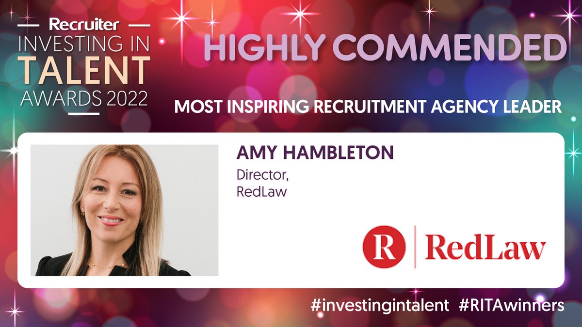 Recruiter Awards (@recruiterawards) on Twitter photo First, we are announcing a highly commended accolade for Most Inspiring Recruitment Agency Leader. Congrats to Amy Hambleton: Director, RedLaw <a href="/Redlawrecruit/">RedLaw Recruitment</a> #RITAs #investingintalent First, we are announcing a highly commended accolade for Most Inspiring Recruitment Agency Leader. Congrats to Amy Hambleton: Director, RedLaw <a href="/Redlawrecruit/">RedLaw Recruitment</a> #RITAs #investingintalent