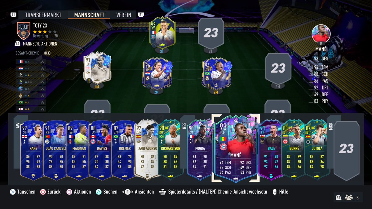 Der aktuelle Stand nach 3 Tagen TOTY Grind und fast 22 Stunden durchweg Packs ziehen.

Man kann das Team eigentlich sogar schon spielen 😅 Mane, Davies und Bale dazu noch geile Super Subs.

▫️ Wert knapp 8 Mio Coins
▫️ + 3 Icon Packs fertig
▫️ + Ramos / Sanchez fast fertig

Geil!