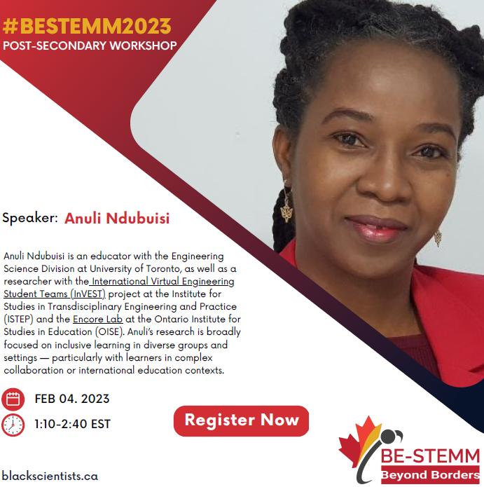 Anuli_Ndu's tweet photo. I will be facilitating the Post Secondary workshop at the virtual BESTEMM 2023 Conference. Come and join the discussion on post-secondary experience for Black students in Science, Technology, Engineering, Mathematics, Medicine &amp; Health (STEMM). Register @ https://t.co/MYWIs3KUKq https://t.co/ZAdTDhJEMd