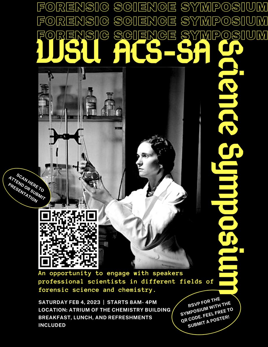 Join the <a href="/wsu_acs/">ACS Wayne State</a>  this Saturday, February 4th, for the Forensic Science Symposium! The time for the symposium will be 8:30 am - 4:00 pm, in the #WSUchemistry atrium. #WSUACS #STEM 
  
RSVP today! Use the QR code ⬇️