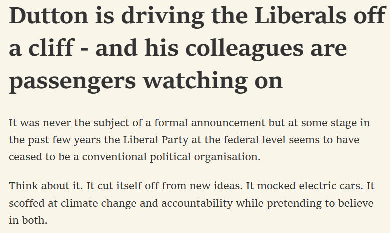 lynlinking's tweet photo. Dutton is driving the Liberals off a cliff - and his colleagues are passengers watching on
Paywall excerpt below https://t.co/DydVQLU8ig
cc @WgarNews https://t.co/rjTf5fp54S