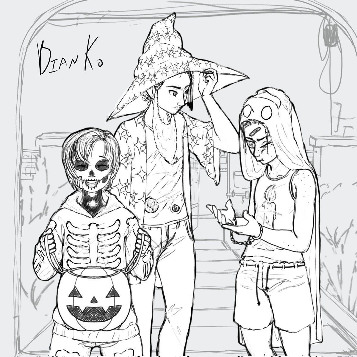 A #halloween2021 drawing of my 3 main RPG characters at the time.