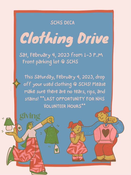ShadowCreekNHS's tweet photo. Deca is having a clothing drive this Friday!!! You can get up to 1 1/2 hours for NHS (30 mins for donating one piece of clothing) https://t.co/96V6BcNLtB