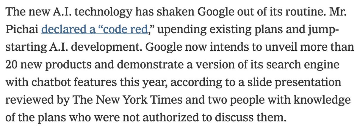 Evidently Google agrees :)

If they actually launch these 20 new products it could be a pivotal year for the company.

These are potentially the most important/significant launches since Google became Alphabet in 2015. Will be fun to watch!

nytimes.com/2023/01/20/tec…