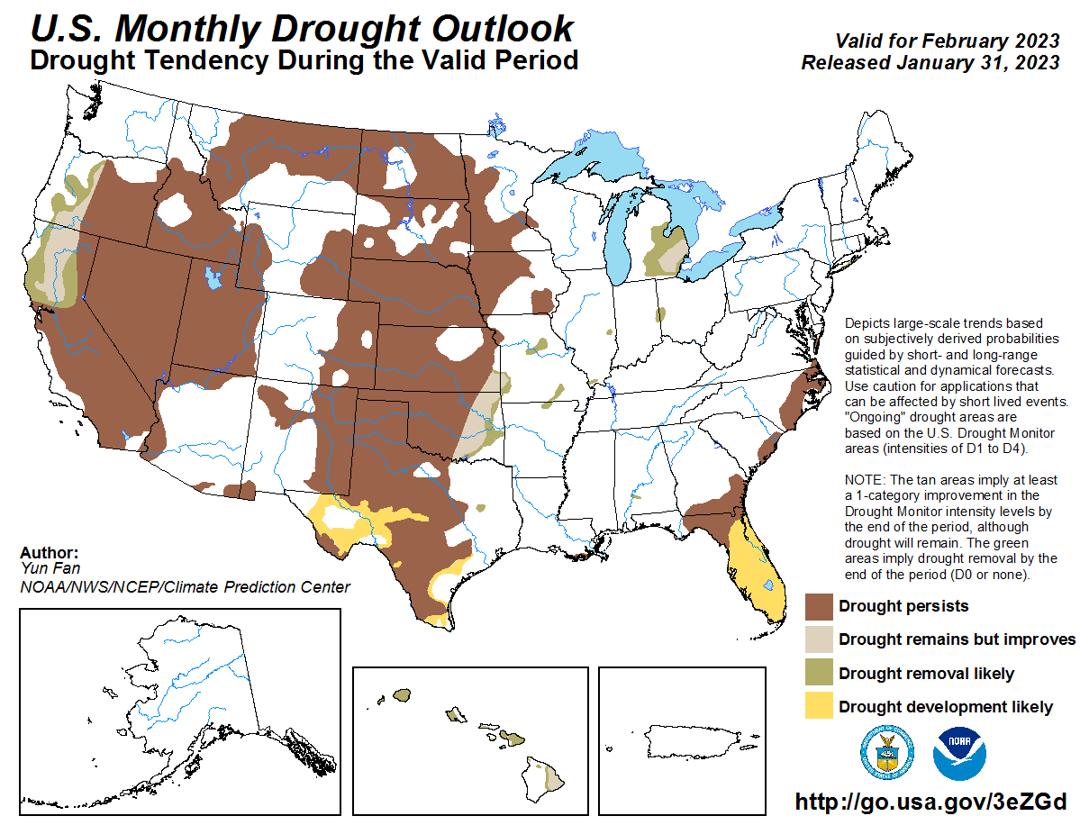 NIDIS Drought.gov (@noaadrought) on Twitter photo Hot off the Presses! February Drought Outlook by <a href="/NOAA/">NOAA</a>'s <a href="/NWSCPC/">NWS Climate Prediction Center</a>
Improvements expected in western OR and NorCal (no surprise). Also eastern KS/OK, parts of the Midwest, east TX, and HI.
Degradations in other parts of TX and the FL peninsula.
Otherwise, drought persists. Hot off the Presses! February Drought Outlook by <a href="/NOAA/">NOAA</a>'s <a href="/NWSCPC/">NWS Climate Prediction Center</a>
Improvements expected in western OR and NorCal (no surprise). Also eastern KS/OK, parts of the Midwest, east TX, and HI.
Degradations in other parts of TX and the FL peninsula.
Otherwise, drought persists.