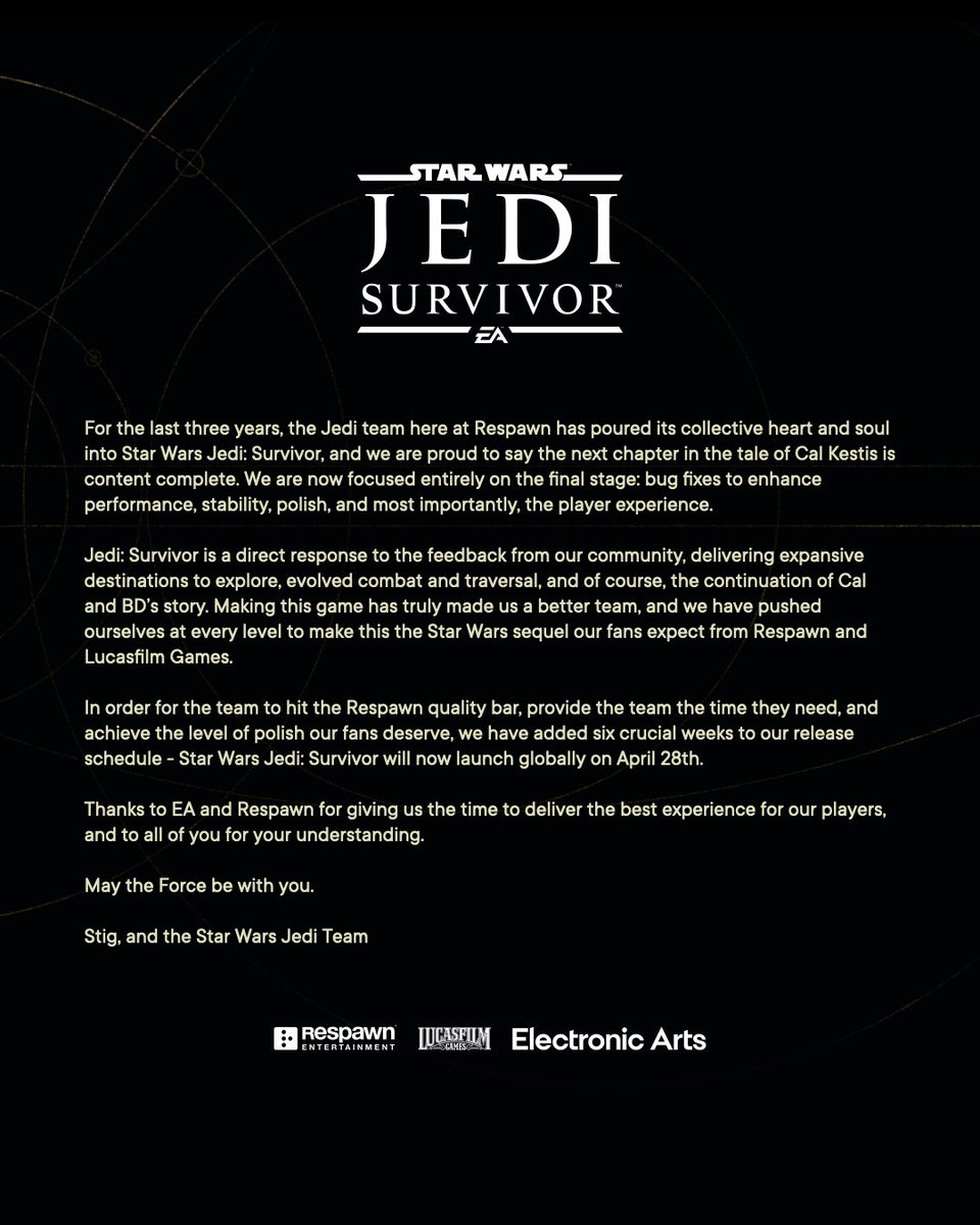 Star Wars Jedi: Survivor has been delayed to April 28.
