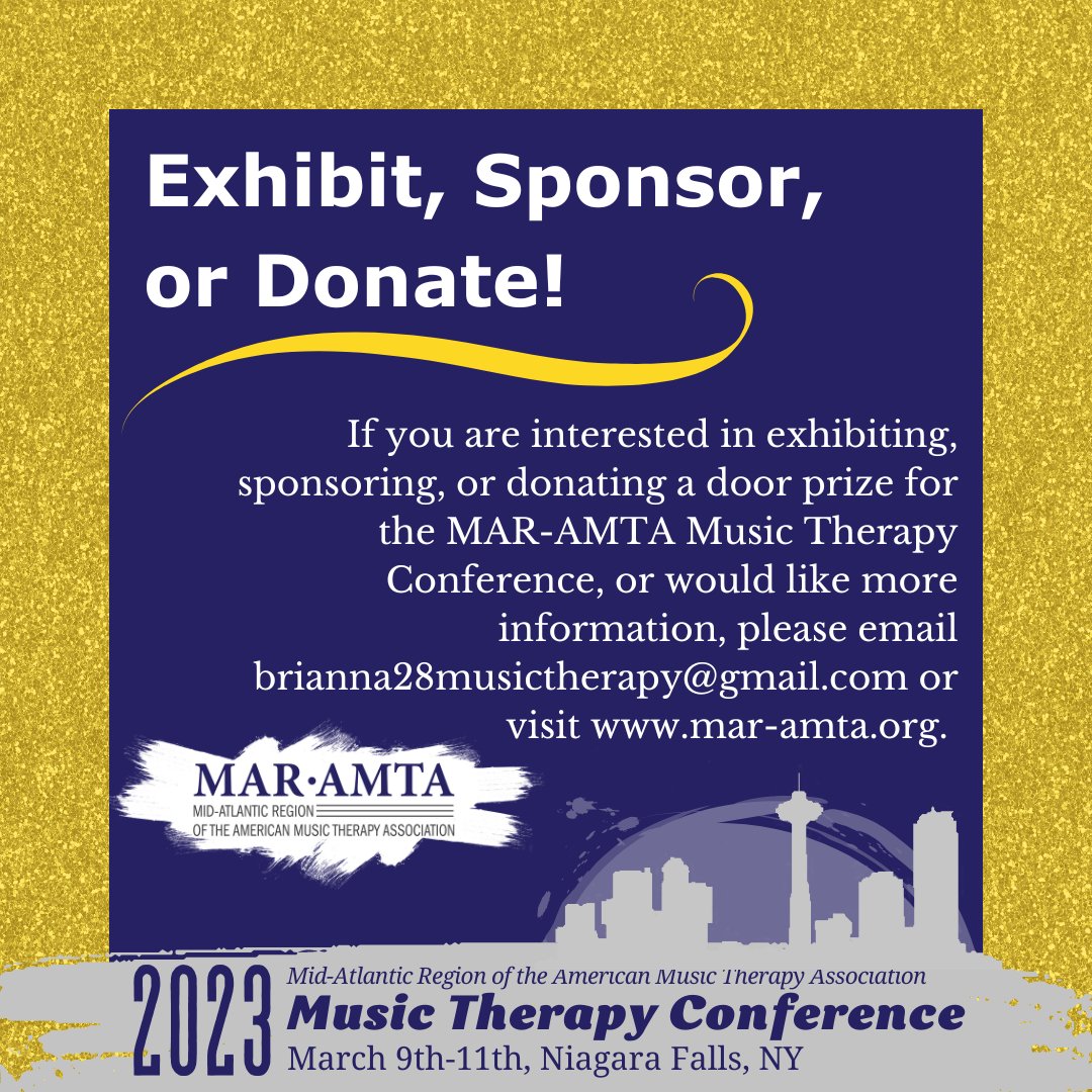 We are looking for people or businesses to Exhibit, Sponsor, or Donate door prizes for our MAR-AMTA conference on March 9th-11th in Niagara Falls, NY! 

Email brianna28musictherapy@gmail.com if you are interested or want more info!
