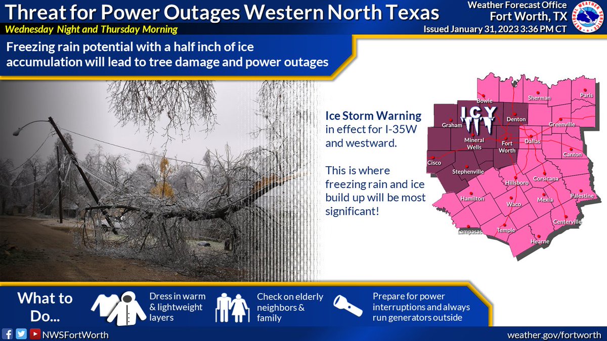 NWSFortWorth's tweet photo. We're most concerned about ice buildup causing tree damage and power issues where the ice storm warning is in effect. Outside of that area should see less ice accumulation on trees and powerlines. Still, roads will be bad everywhere! Stay home if you can. #dfwwx #ctxwx https://t.co/5b2C1Zy1Bu