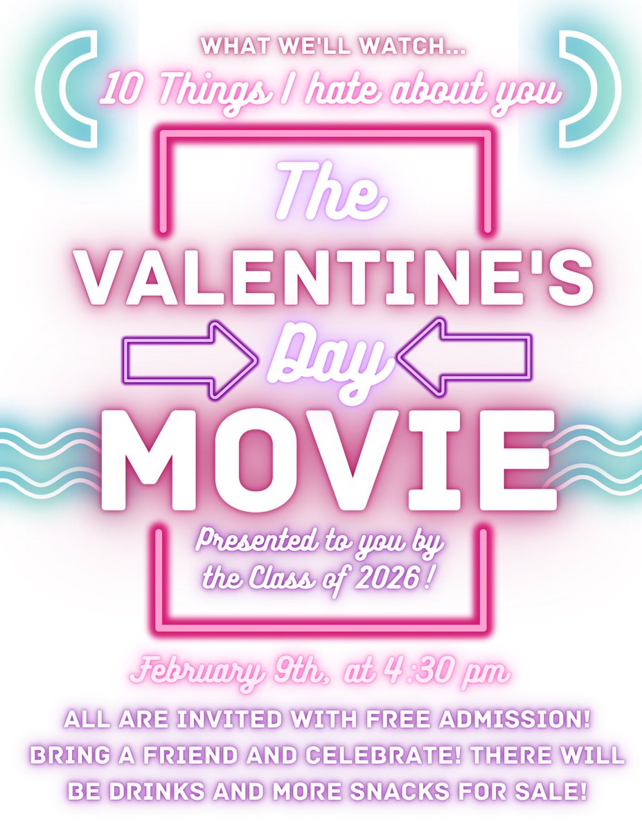 The class of 2026 is presenting a Valentine’s Day movie!!!! Thursday February 9th at 4:30 pm open to Kennedy students bring your school id’s for free admission. Spread the word and tell your friends!!!!!