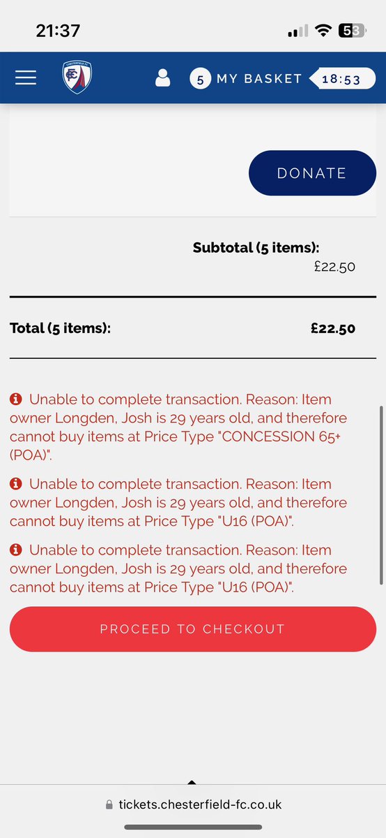 lifewithamys's tweet photo. @ChesterfieldFC My husband is trying to purchase tickets for the England u19s game for him and some family but won’t let him buy the correct tickets?  The system thinks all 5 seats are for him? And not his kid etc.. https://t.co/QpedsKimpL