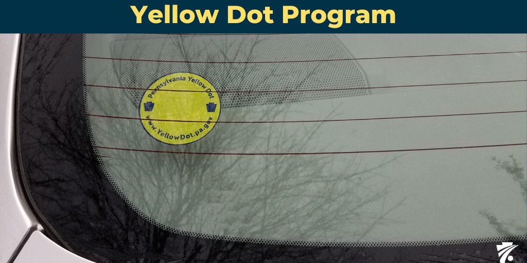 PennDOTNews's tweet photo. Placing a Yellow Dot decal in your vehicle's rear window alerts first responders to check your glove compartment for a booklet. You'll have the option to include information about medical conditions, allergies, emergency contact info and more. Learn more: https://t.co/h0D6YiS9M3. https://t.co/hqLwDaheqJ