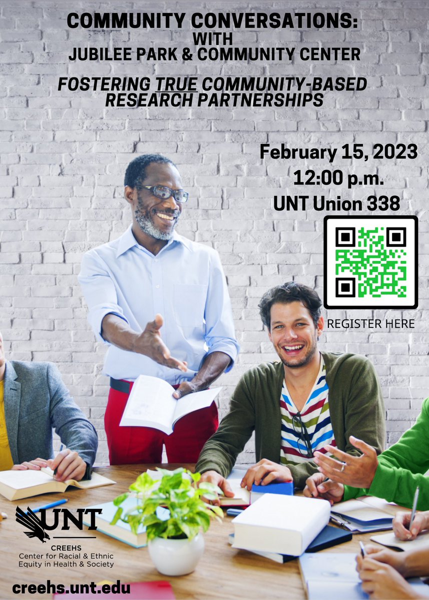 Ctr for Racial & Ethnic Equity in Health & Society (@creehs_unt) on Twitter photo Please join us for our upcoming Community Conversation panel about building true community-based participatory research relationships with our friends <a href="/JubileePark/">Jubilee Park</a>. Register now! qrco.de/bdfyyg @UNTresearch <a href="/thechandracarey/">CD Carey, PhD</a> <a href="/tonyecareyjr/">Tony Carey Jr.</a> @DrBBarrio Please join us for our upcoming Community Conversation panel about building true community-based participatory research relationships with our friends <a href="/JubileePark/">Jubilee Park</a>. Register now! qrco.de/bdfyyg @UNTresearch <a href="/thechandracarey/">CD Carey, PhD</a> <a href="/tonyecareyjr/">Tony Carey Jr.</a> @DrBBarrio