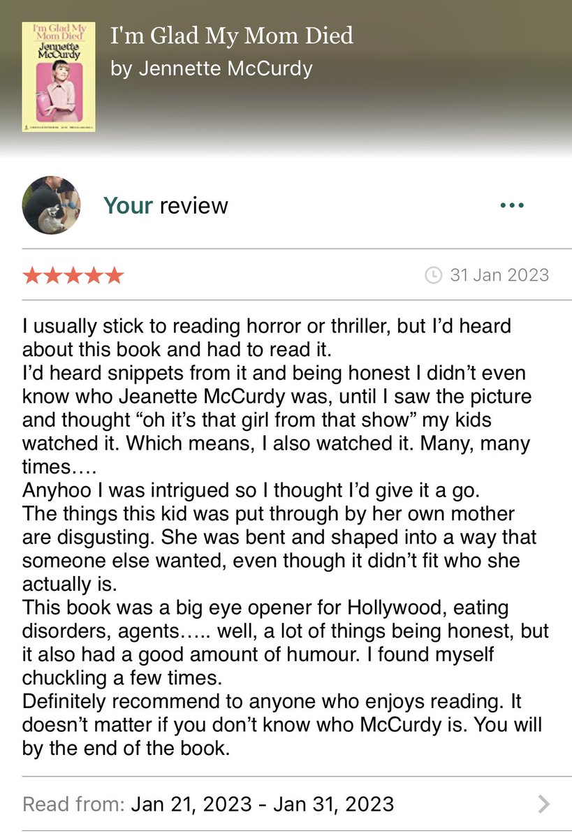 andylennon1984's tweet photo. My review of I’M GLAD MY MOM DIED by @jennettemccurdy
#bookstagram #bookreviews #imgladmymomdied #jenettemccurdy #andrewlennon #books #reviews https://t.co/w0JEhlmtXg